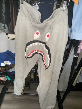 Bape Grey Shark-Face Sweatpants with Red and Black Accents